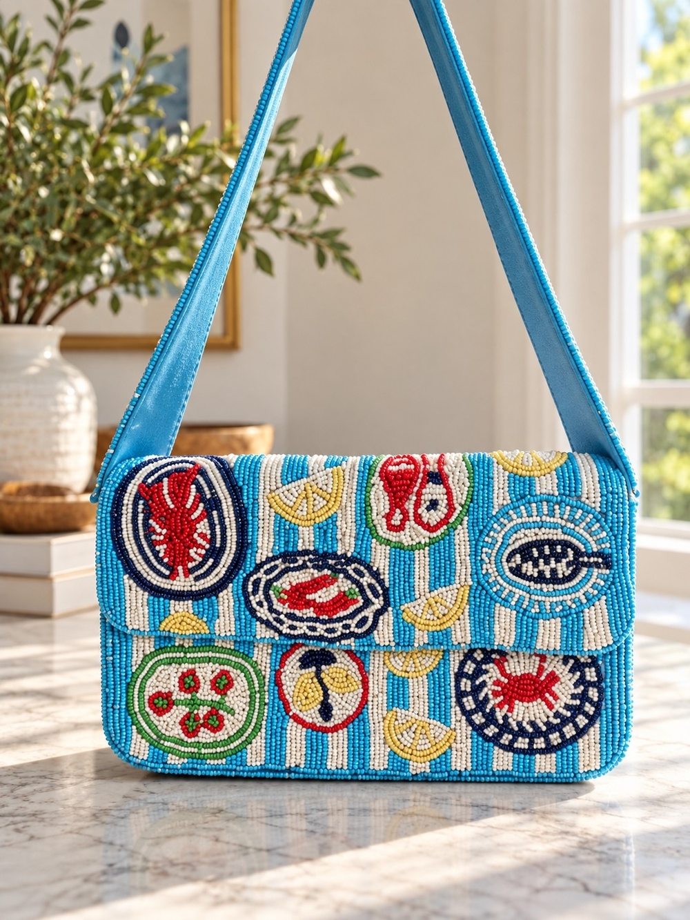 Handcrafted In India Beaded Coastal Seafood Shoulder Bag
